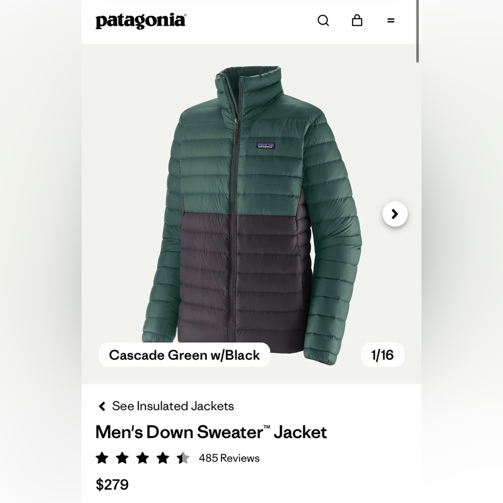 NWT Patagonia Men's Down Sweater Jacket - Cascade Green w/Black M